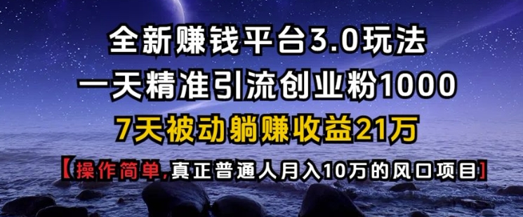 全新赚钱平台3.0玩法一天精准引流创业粉1000.7天被动躺Z收益21W【仅揭秘】-啦啦收录网