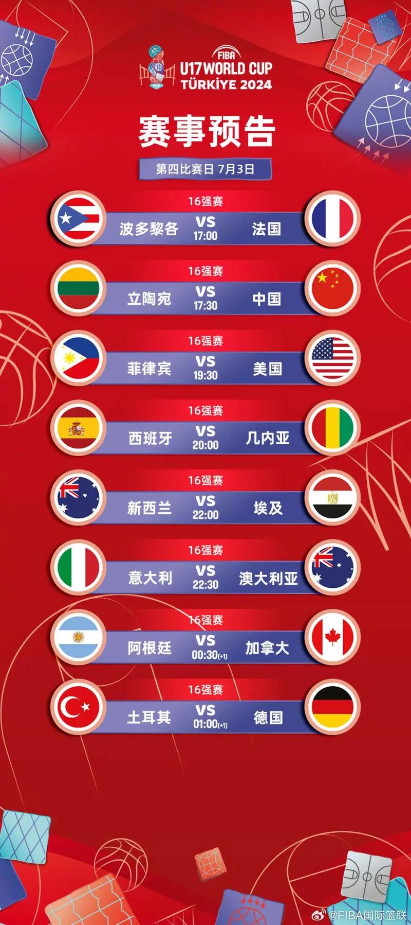 中国队将战立陶宛-FIBA发布U17男篮世界杯16强赛程